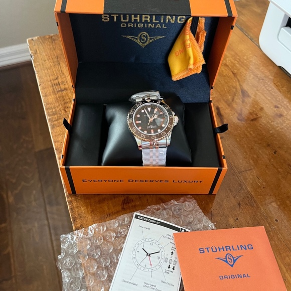 Stuhrling Original Other - Stuhrling Aqua-Diver Quartz Men's 2 Tone Bracelet Black Dial Watch Stuhrling NIB